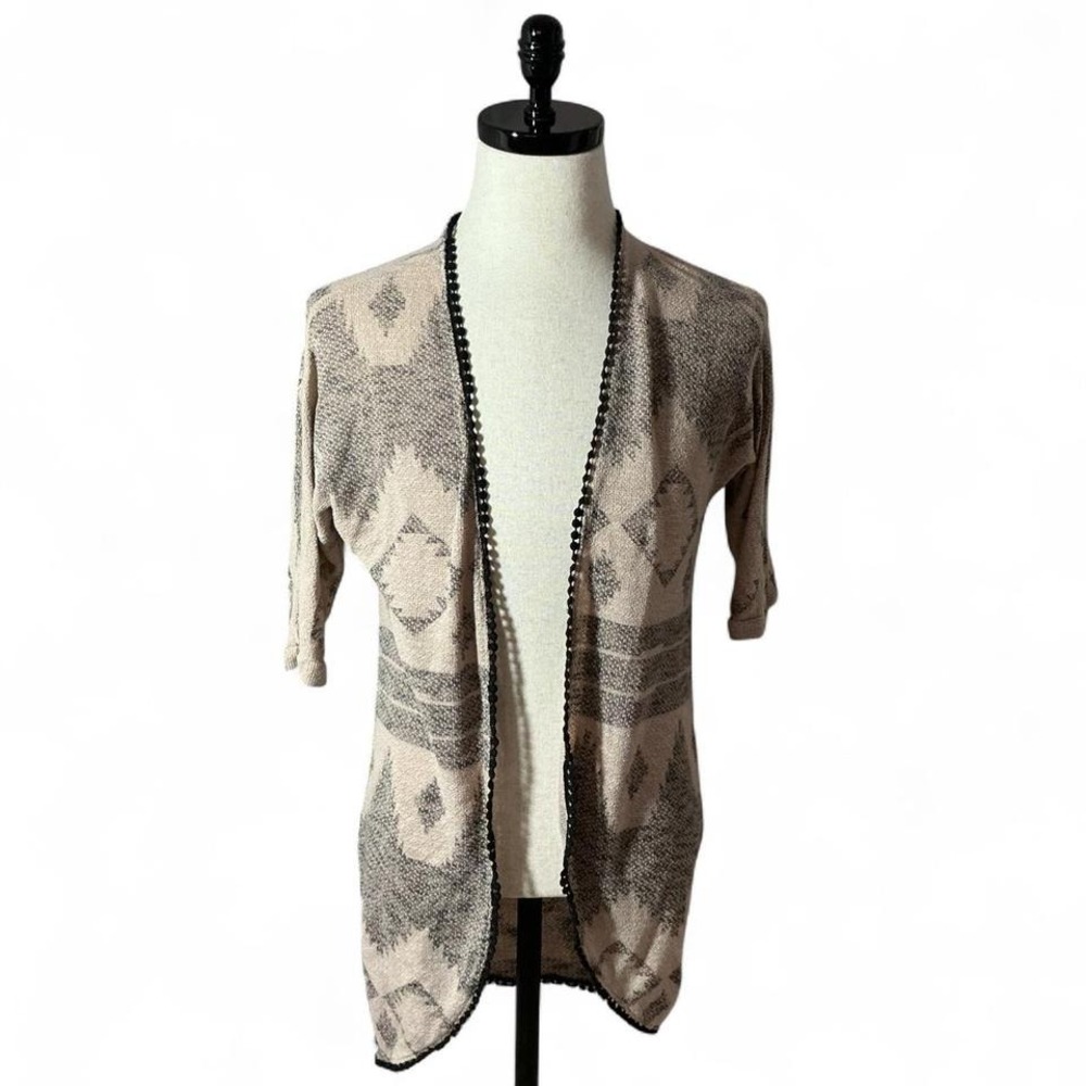 Mauve Womens Geometric Open Front Cardigan Sweater Beige Short Sleeve Aztec‎